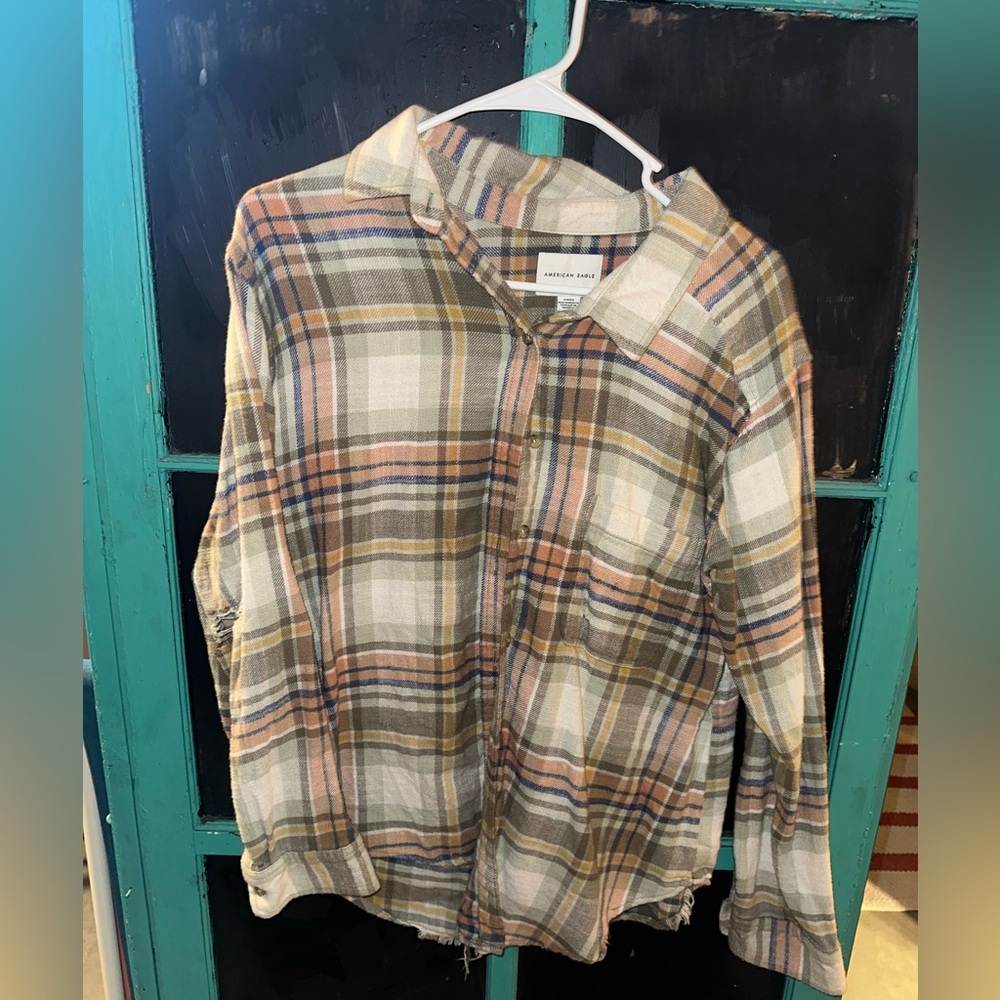 American eagle oversize flannel distressed (came like that)